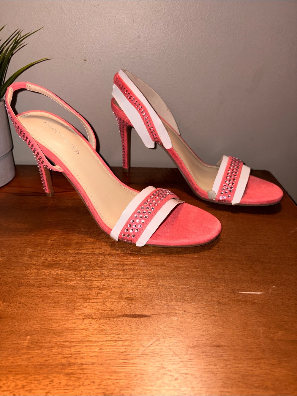 Marc Fisher Coral Pink and White Crystal-Accented Slingback Heels